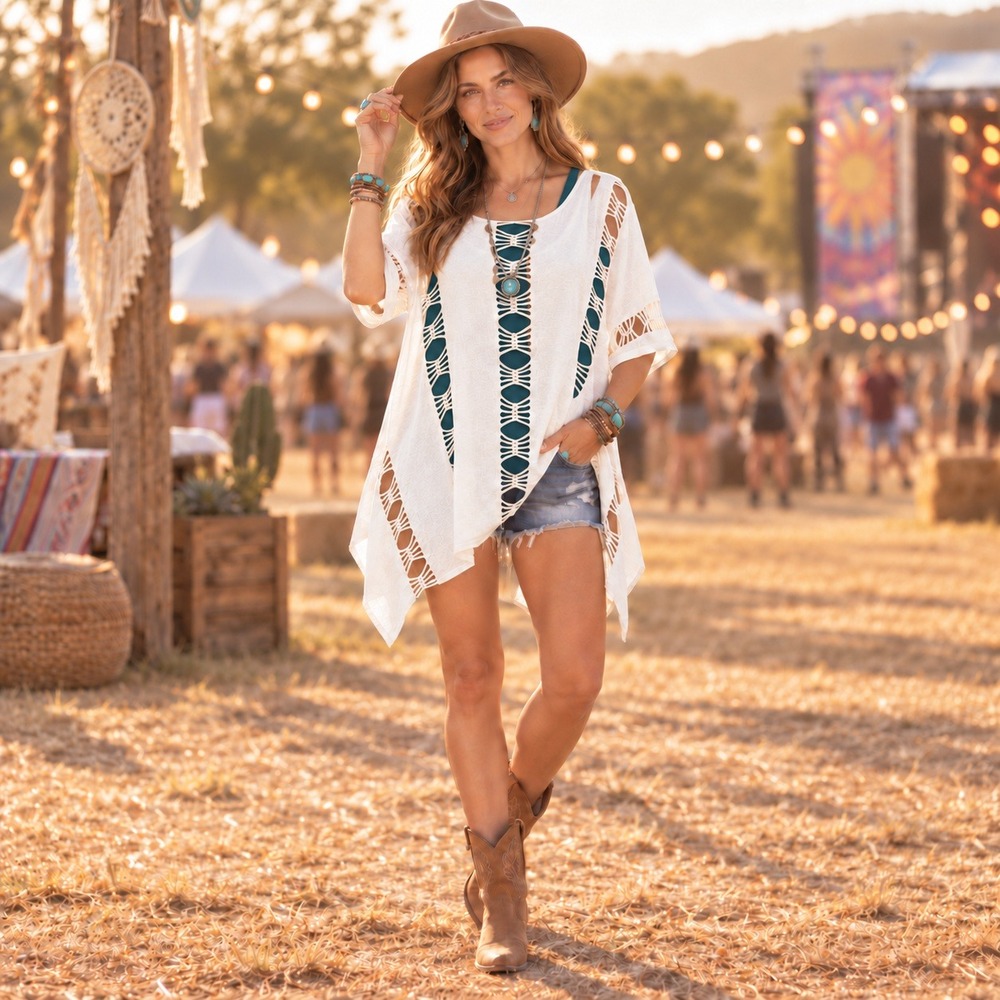 White Cutout Tunic Top Women's L XL Boho Oversized Bell Sleeve Beach